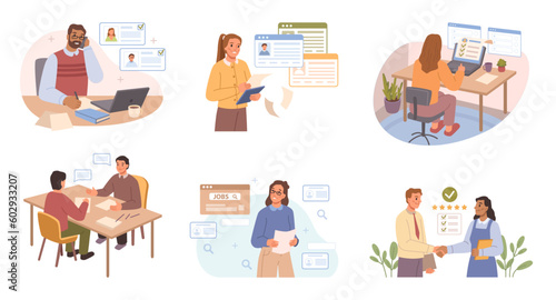 Man and woman office workers with list of job applicants. Choice of worker or personnel, staff recruitment or employee hiring. Flat cartoon vector illustration. Recruiter and candidates resume cv