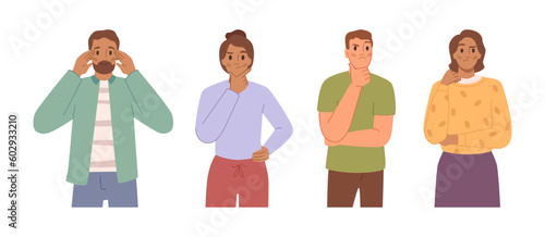 People making choice, choosing from opportunities, multiple directions, woman and man in thoughtful pose. Flat cartoon characters choose from different options, vector illustration