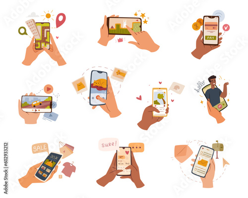 Hands holding mobile phones with application, flat cartoon set isolated on white. Fingers touching, tapping, scrolling smartphone screens. People handling with cell phones. Vector illustration