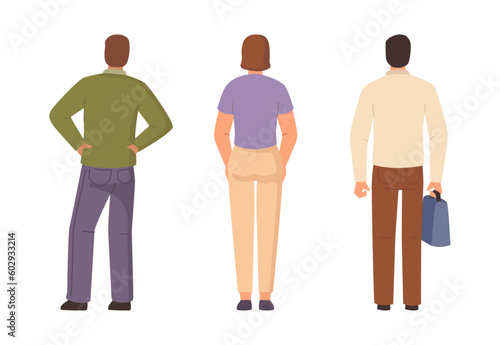 People making choice, puzzled man and woman, back view. Vector man and woman choosing from opportunities and different options, flat cartoon illustration
