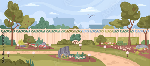 Garden backyard with wooden fence hedge, green trees and bushes, grass and flowers, park plants. Vector spring or summer outside landscape. Eco agriculture, garden landscape architecture