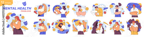 Set of people during mental therapy, flat cartoon mental health problems set. Vector sessions with psychotherapists or psychologists practicing different psychotherapy approaches illustrations