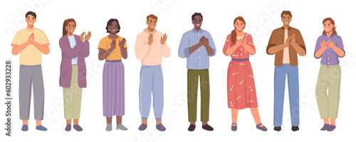 People clapping with hands, applauding set. Happy men, women greeting each other, congratulating with appreciation. Flat cartoon vector of multi ethnic characters support gestures, applause