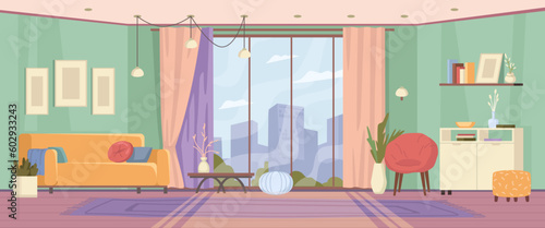 Modern room with panoramic window and furniture. Apartment with sofa, chair and pictures on wall, cosy flat interior, cityscape outside the window, megapolis panorama vector illustration