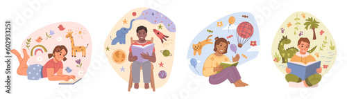 Happy children sitting while reading books flat cartoon vector illustrations set. Vector kids reading about animals and space, dinosaurs and flights on air balloons, magic book