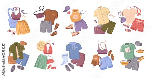 Travel summer beach clothes set, fashion look items. Vector illustration of tropical shoes and shirts, dresses and hats, socks and trousers. Female and male summer cloth staff
