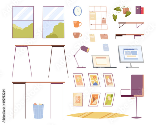 Office furniture elements in flat cartoon design. Vector windows and lamps, pictures and clock, computer monitors and shelf, workplaces or home office furniture