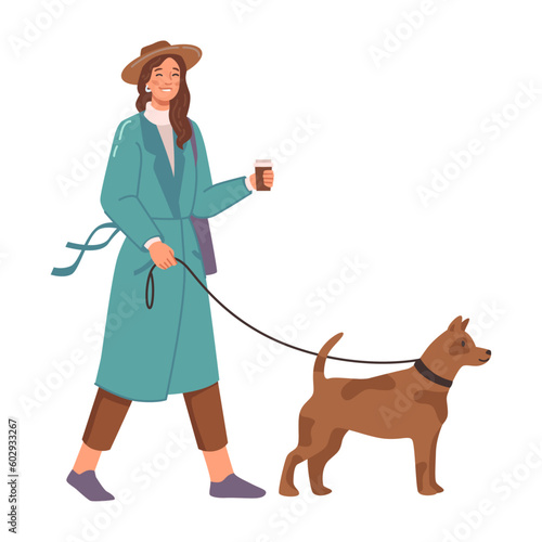 Woman walking with dog on leash isolated flat cartoon characters, autumn mood. Vector illustration of lady in long coat and cute canine pet, lovely puppy and happy owner