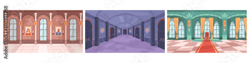Castle royal ballroom interior cartoon backgrounds set, vector fairytale gallery scene. Medieval hall for ball with curtain on window. Dance hallway with column for monarchy wedding illustration
