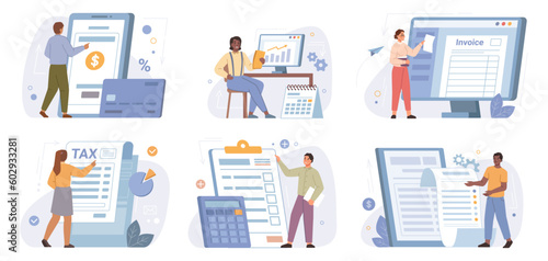 Tax payment vector illustration set. People with invoice tax bills, financial annual accounting, calculating and paying, budget analysis and transactions, payrolls flat cartoon