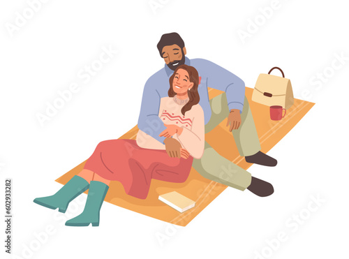 Couple enjoying romantic picnic date flat cartoon vector characters. Simple style illustration of man and woman sitting on plaid and hugging, coffee cup, bag and book, autumn fall mood