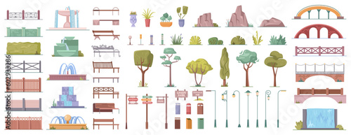 Print op canvas City park elements cartoon set of summer trees and bushes, bridges and benches,