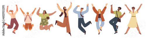 Happy characters jumping from joy, people have fun, celebrating. Young excited people celebrate achievement. Free active men, women with positive energy. Flat vector illustration of successful people