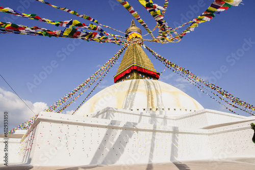 Buddhist stupa with banners   Boudhdanath  Kathmandu  Nepal  Asia.