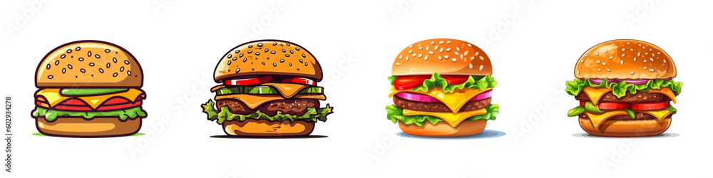 Cartoon burger set. Vector illustration. - obrazy, fototapety, plakaty 