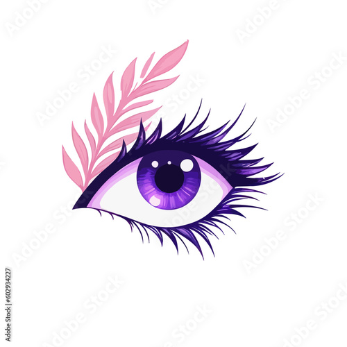 An eye with pink feathers and lashes. Vector illustration.