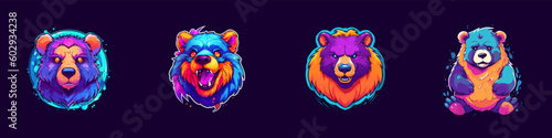 The logo of a colorful bear on a dark background, in cartoon style. A colorful drawing of a bear. Vector illustration.