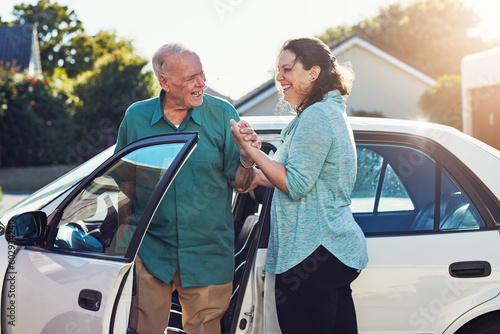 Car, help and caregiver woman with old man for assisted living, retirement care and rehabilitation. Travel, transportation and female helping elderly male person from motor vehicle for health service