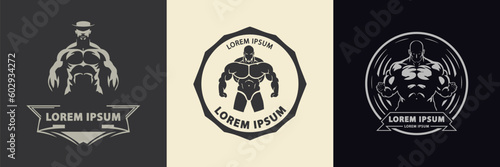 Gym logo. Template with bodybuilder and lettering. Vector illustration.