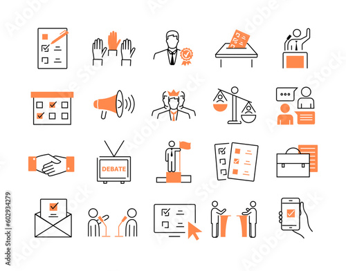 Elections color icons set. Democracy and freedom, referendum. Politicians in debate, election campaign concept. Government and president. Flat vector illustrations isolated on white background