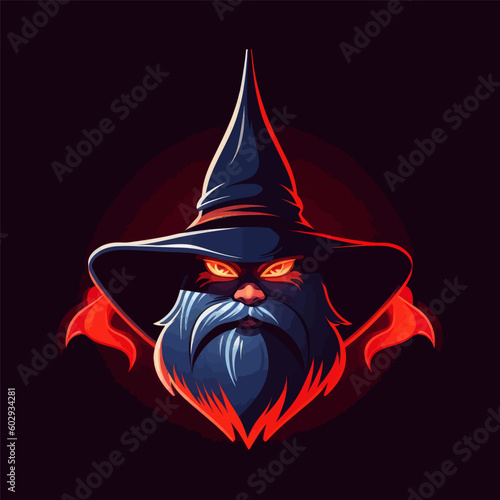 A wizard mascot illustration in the style of glowing colors. Vector illustration.