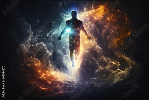 Human soul levitating in abstract space background. Astral body