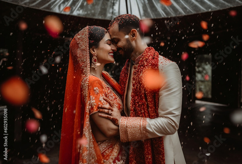 An indian bride and groom embracing in the red fabric wedding costume with red flowers petals falling down, generative ai photo