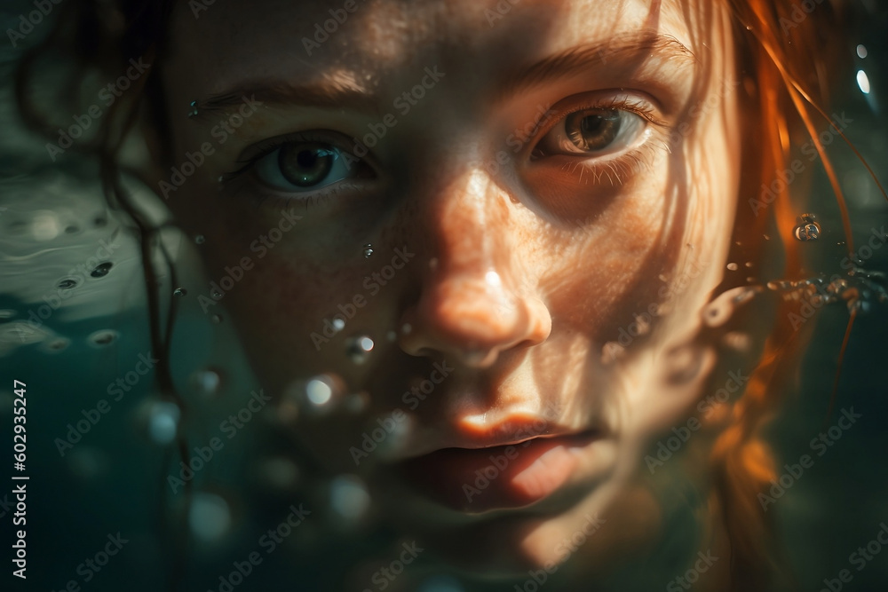 A beautiful blue eyes red hair woman swimming in the clear pool water, look straight to camera with captivated eyes, generative ai A beautiful blue eyes red hair woman swimming in the clear pool water, look straight to camera with captivated eyes, generative ai