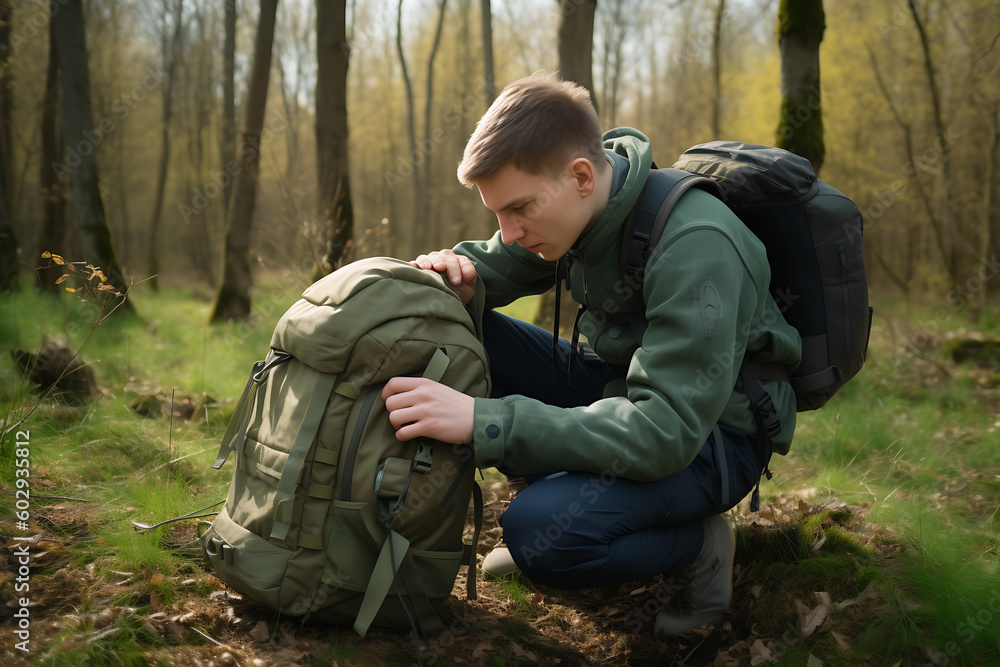 A young man prepares for a hike and packs a large green tactical backpack with pockets, generative ai