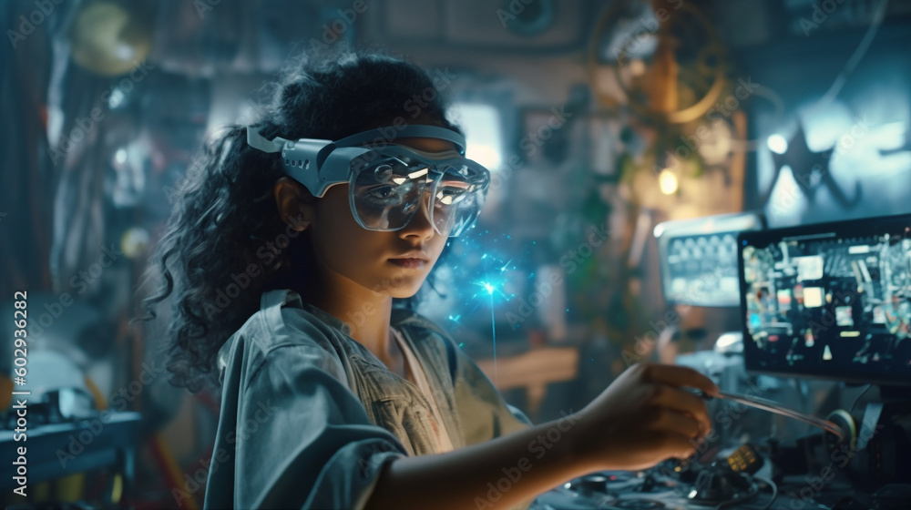 Generative ai young girl with safety glasses learning in futuristic laboratory Generative ai young girl with safety glasses learning in futuristic laboratory