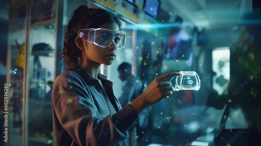 Generative ai young girl with safety glasses learning in futuristic laboratory Generative ai young girl with safety glasses learning in futuristic laboratory
