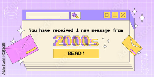Old computer window opened with reminder of a new message from 2000s, trendy Y2K aesthetic vector illustration, retro style pc screen.