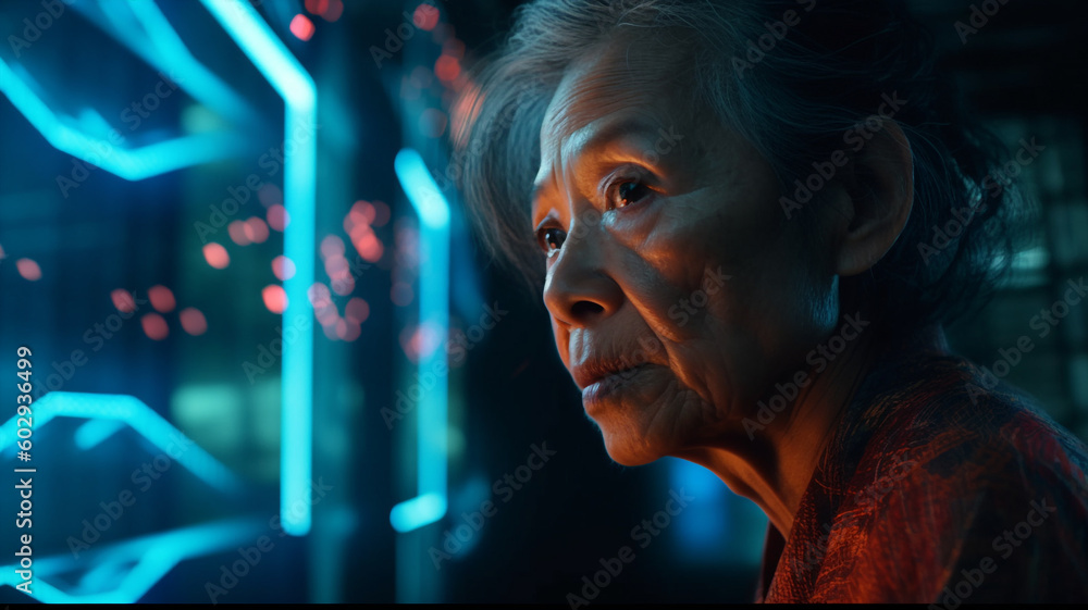 Generative ai senior asiatic woman interacting with touch interface Generative ai senior asiatic woman interacting with touch interface