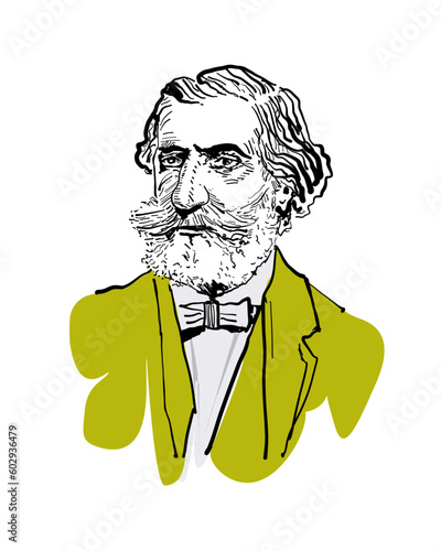 portrait, bust of Giuseppe Verdi, vector illustration/sketch/drawing isolated on white background