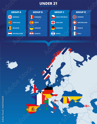 Countries competing in the Under-21 European Football Tournament in 2023 highlighted on a European map.