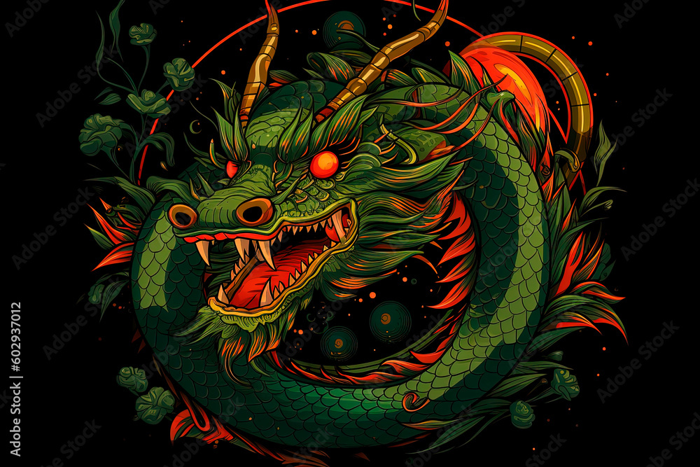 A green and red dragon on a black background. Generative AI
