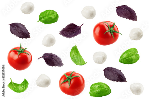 Fotomurale tomato, basil, mozzarella, isolated on white background, top view