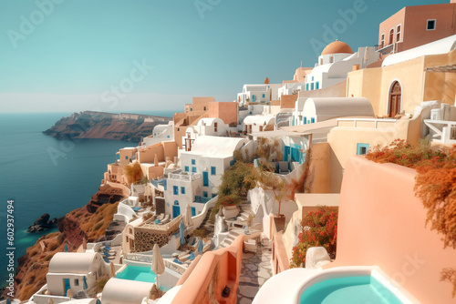 Santorini, greek tourist destination. Oia village with traditional white houses overlooking sea. Generative AI content