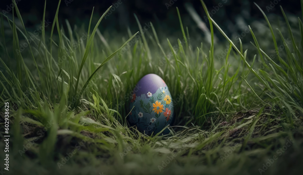 decorative purple easter egg with flowers hidden in grass generative ai