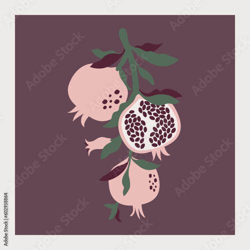 Poster of a pomegranate branch with flower. Pomegranate fruit with leaves and seeds in a frame. Vector illustration in hand drawn style. Best for interior design, greeting cards, print