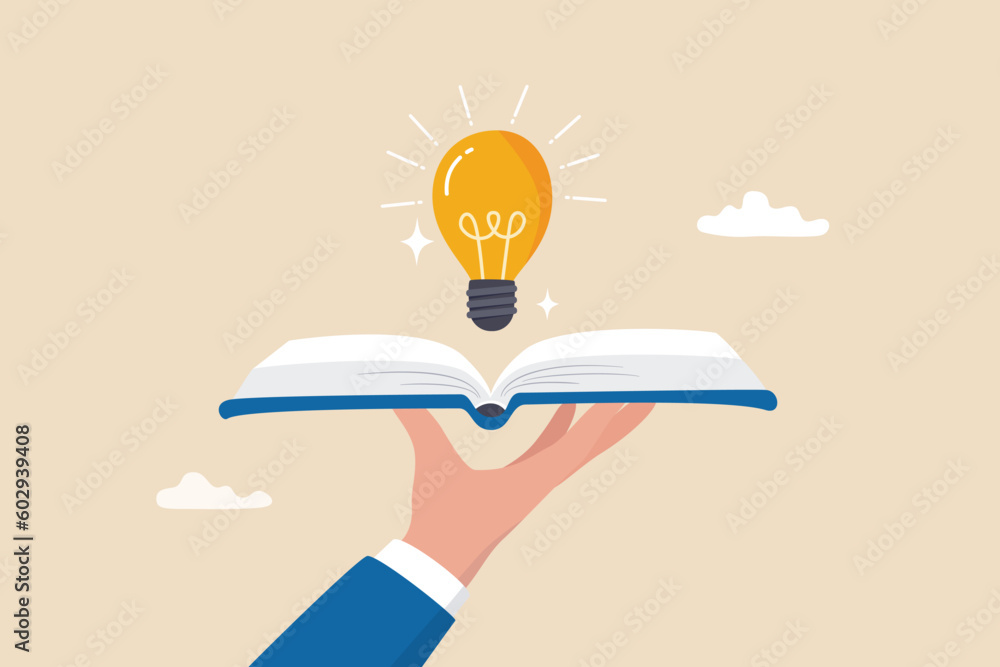 Knowledge or education, study or learning new skill, creativity or idea, reading book for inspiration, discover solution or literature, wisdom concept, hand hold open book to discover lightbulb idea. - obrazy, fototapety, plakaty 