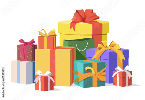 Set of gift boxes. Gifts and surprises. New Years and Christmas. Discounts and promotions, special offer. Winter holidays and festivals, events. Cartoon isometric vector illustration