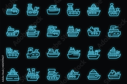 Warship icons set outline vector. Aircraft carrier. War boat neon color on black