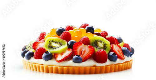 Italian fruit pizza on white isolated background. Summer mood. Close-up. Generative Ai content