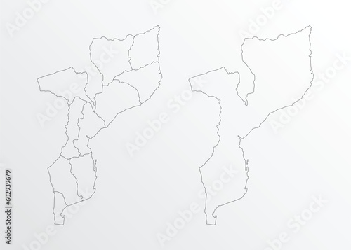 Black Outline vector Map of Mozambique with regions on white background