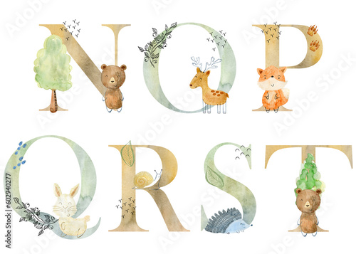 Watercolor woodland animals letters for invitation card, nursery poster and other.