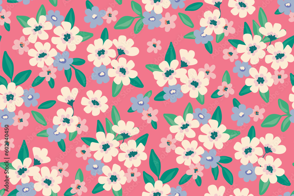 Seamless floral pattern, liberty ditsy print with pretty meadow on pink background. Cute botanical design for fabric, paper with small hand drawn flowers, leaves in bouquets. Vector illustration.