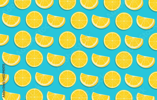 Two different slices of yellow lemon perfect for summer background. Summer bright tropical fruit seamless pattern.