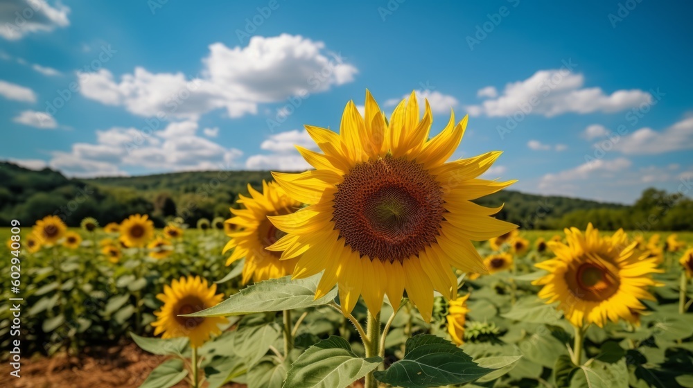 Sunflower in the golden hour: A beautiful meadow scene at sunset. Generative AI.