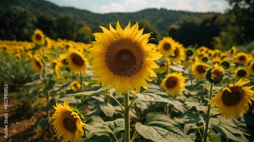 Sunflower in the golden hour  A beautiful meadow scene at sunset. Generative AI.